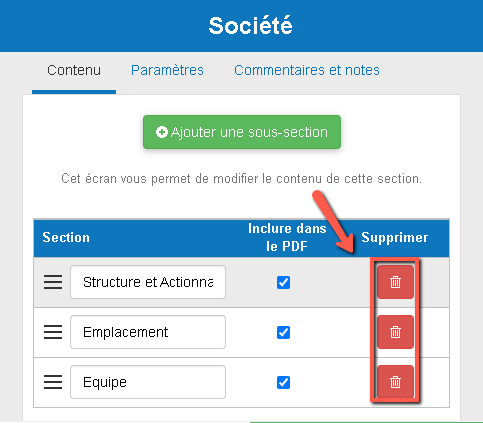 suppression de la sous-section aperçu du marché de mon plan d'affaires exporté