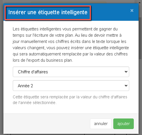 ajouter des balises intelligentes à ma sous-section dans The Business Plan Shop