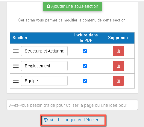 en cliquant sur l'historique des versions pour visualiser les versions précédentes de l'élément