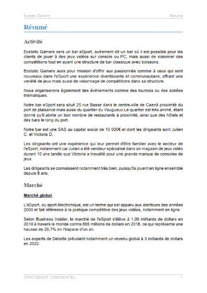executive summary du modèle de business plan de bar gaming