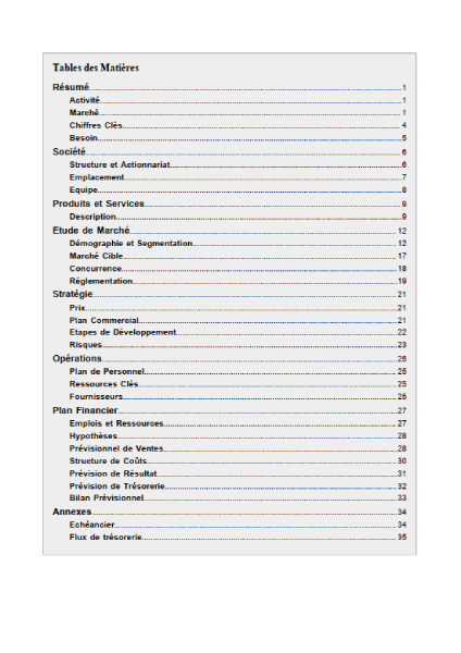 table des matières du modèle de business plan de bar gaming
