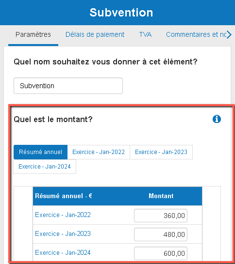 saisie du montant des subventions d'exploitation