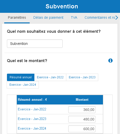 subvention d'exploitation dans le logiciel de prévision financière de The Business Plan Shop
