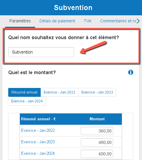 saisie du nom des subventions