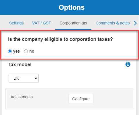  setting my corporation tax model in the software