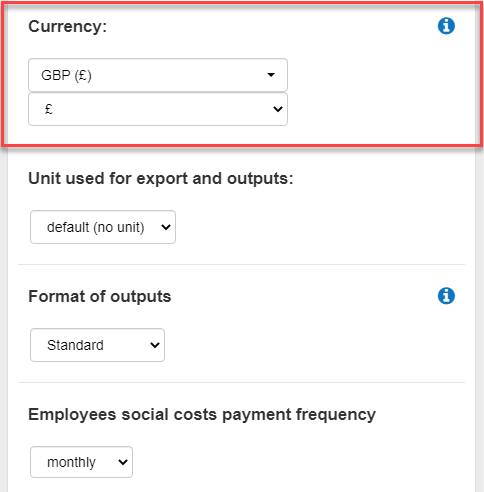  changing the currency used in the business plan shop's financial forecasting software