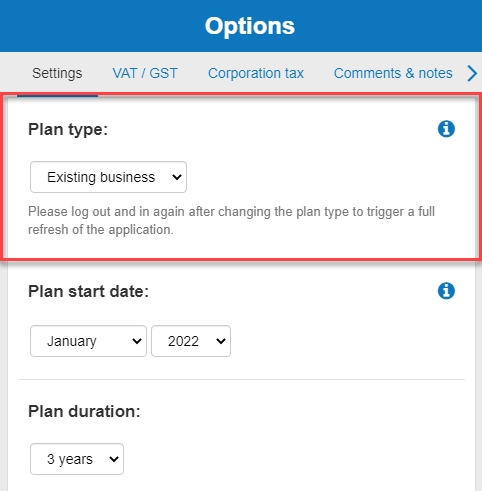  changing my plan type in the business plan shop's financial forecasting software