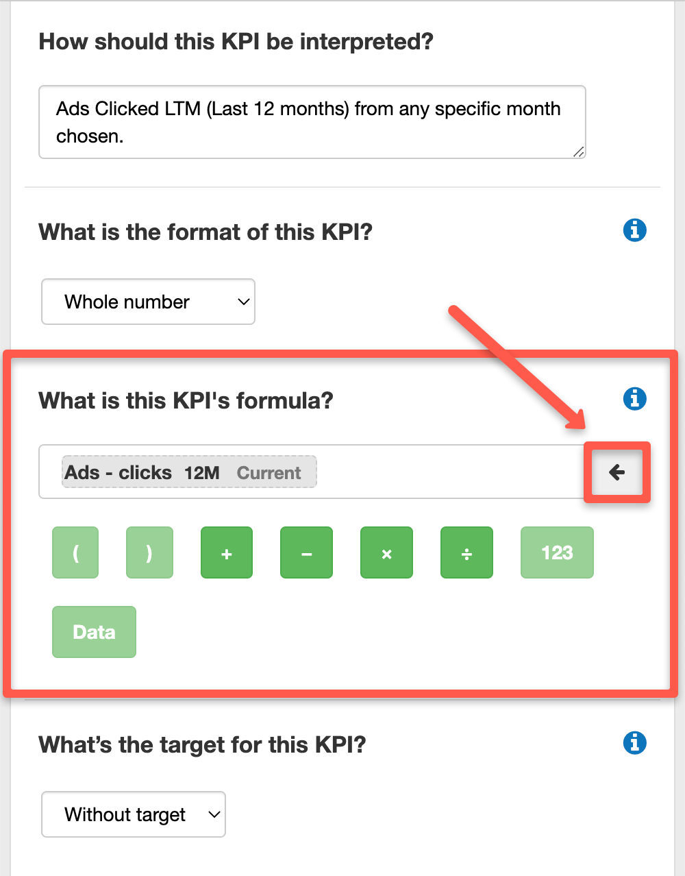 using the backspace button to delete part of my custom KPI in The Business Plan Shop