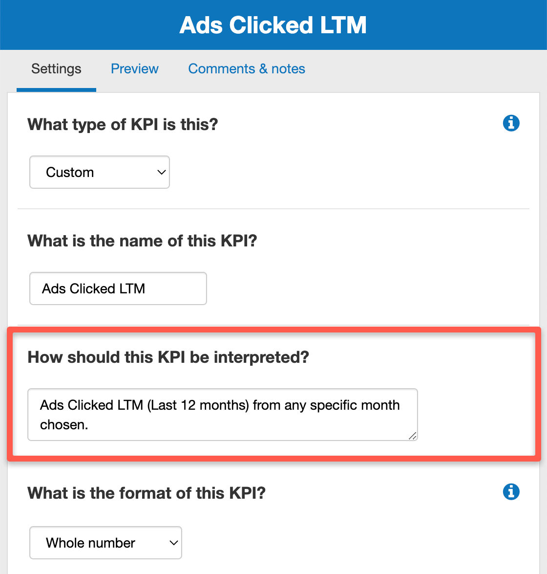  changing my KPI description in The Business Plan Shop's online software