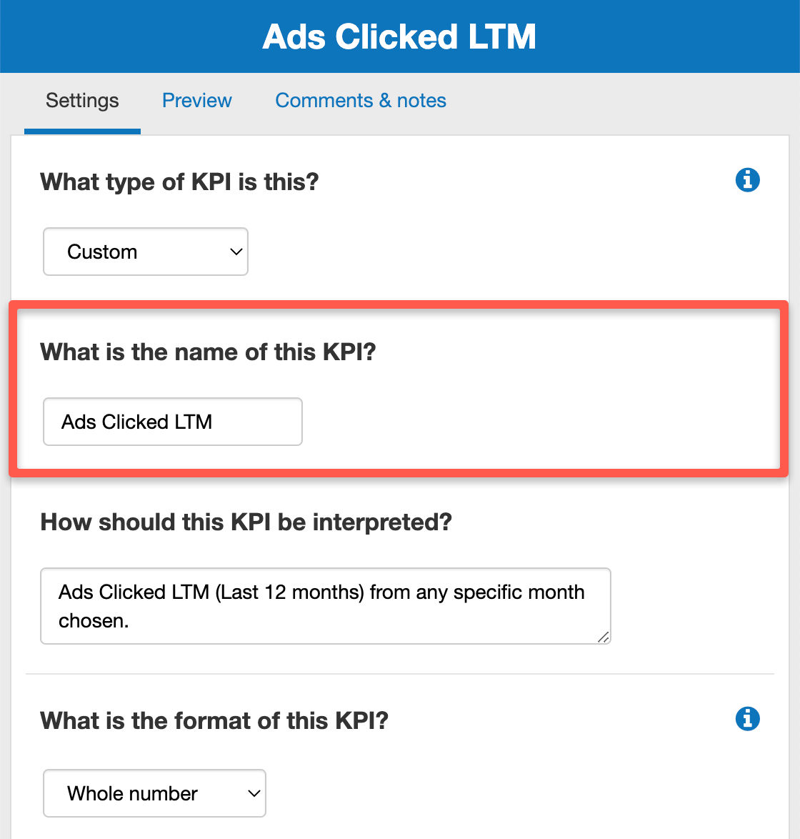  changing the name of my KPI in The Business Plan Shop's financial forecasting software