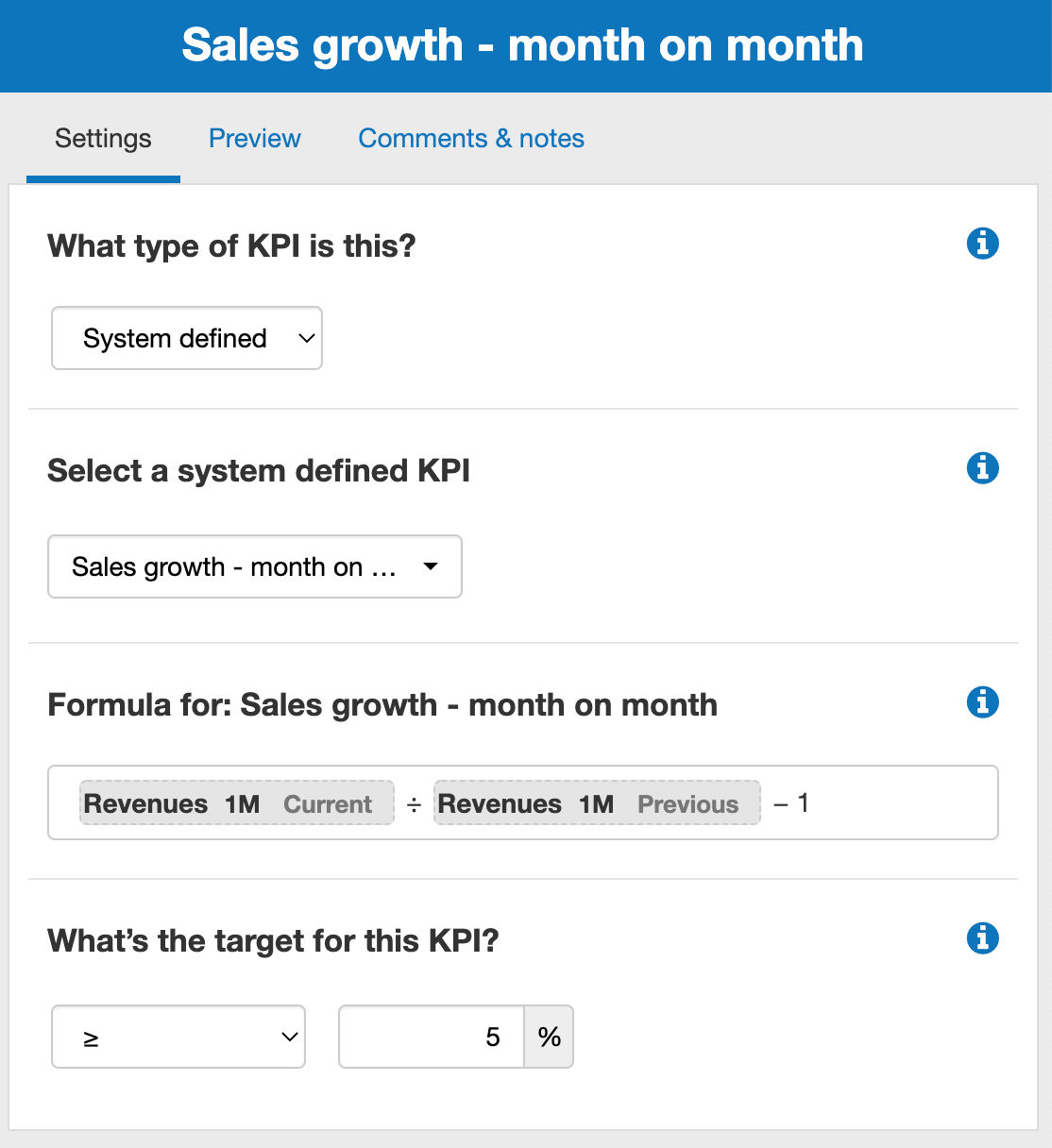 editing my sales growth KPI in The Business Plan Shop's business planning software