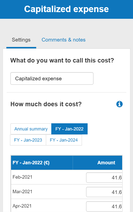 Entering the capitalized expenses amount for the financial year ending Jan 2022