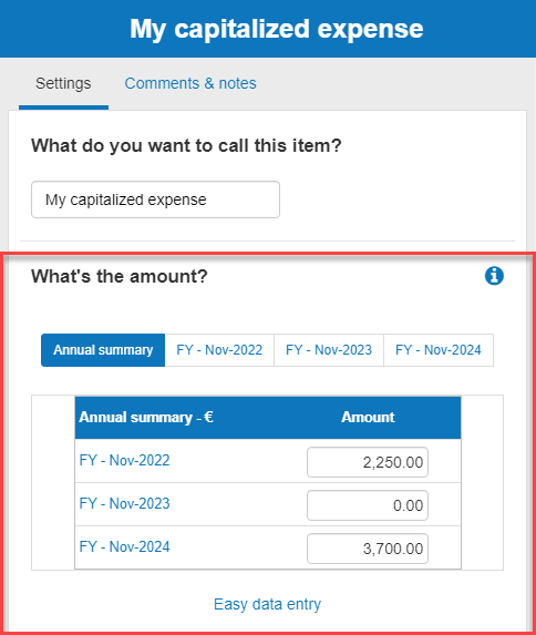 entering the capitalized expenses value in the annual summary