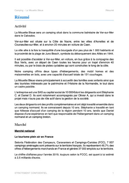 executive summary du modèle de business plan de camping pdf