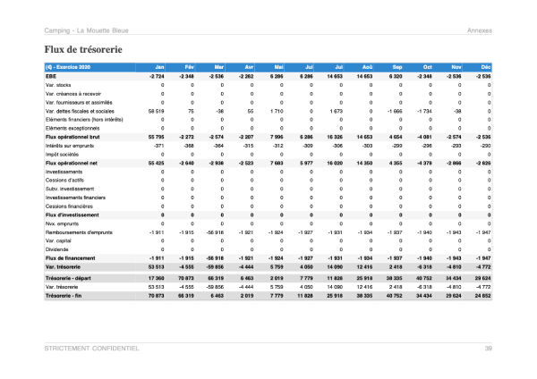 Prévisionnel de trésorerie mensuel du modèle de business plan de camping