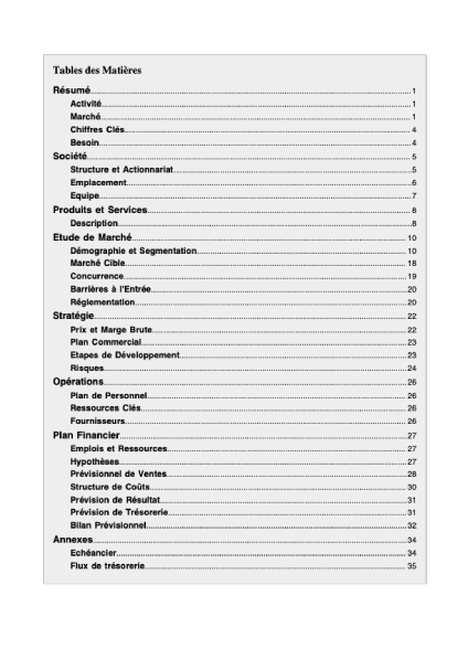 table des matières de l'exemple de business plan de camping pdf