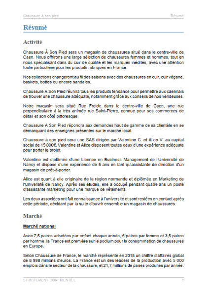 executive summary du modèle de business plan de magasin de chaussures