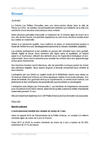 executive summary du  du business plan de micro-crèche pdf