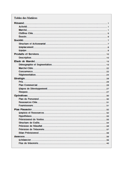 table des matières du business plan de micro-crèche pdf