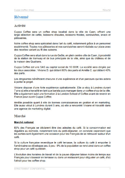 executive summary du modèle de business plan de coffee shop