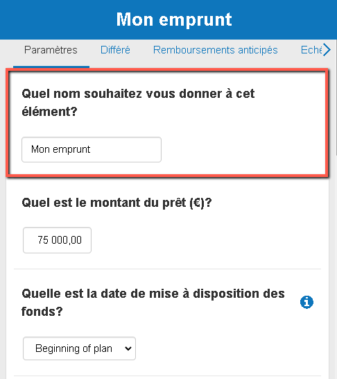 saisie du prêt d'investissement 1A comme nom du prêt dans le logiciel de plan d'affaires
