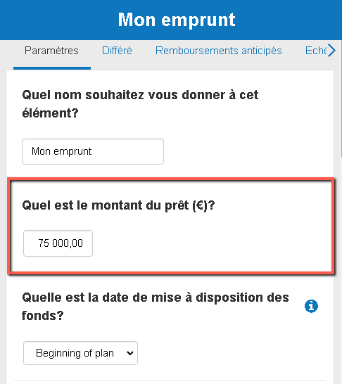 saisie de la valeur du montant du prêt d'investissement