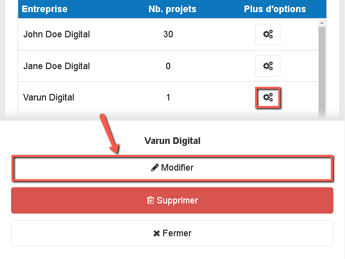 édition des coordonnées de l'entreprise sur le mobile