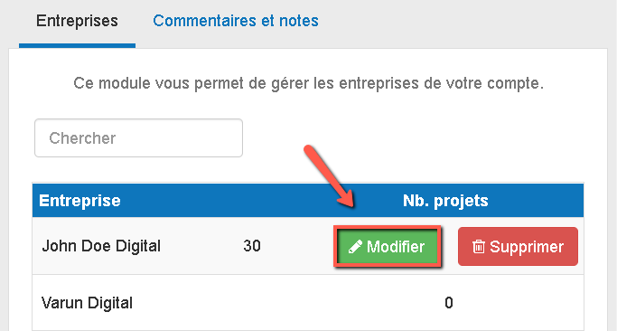 édition des coordonnées de l'entreprise sur le bureau