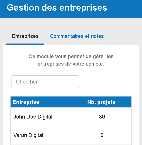 liste des différentes entreprises qui figurent sur mon compte dans le logiciel de The Business Plan Shop