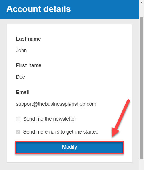  changing my account details in the business plan shop's financial forecasting software