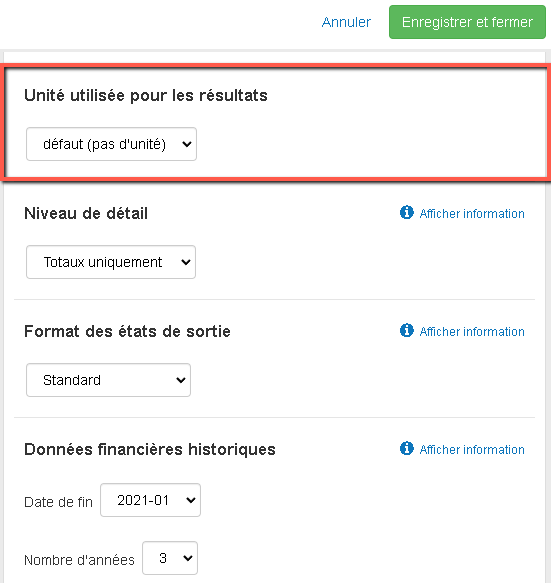 changer l'unité utilisée dans les états financiers sur The Business Plan Shop