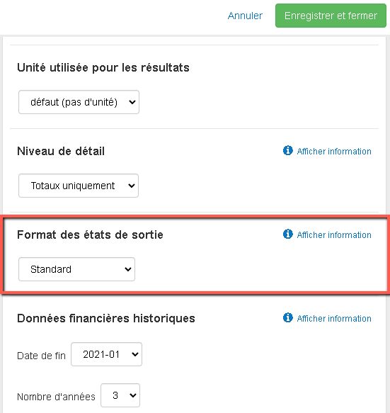 mise en forme des états financiers dans The Business Plan Shop