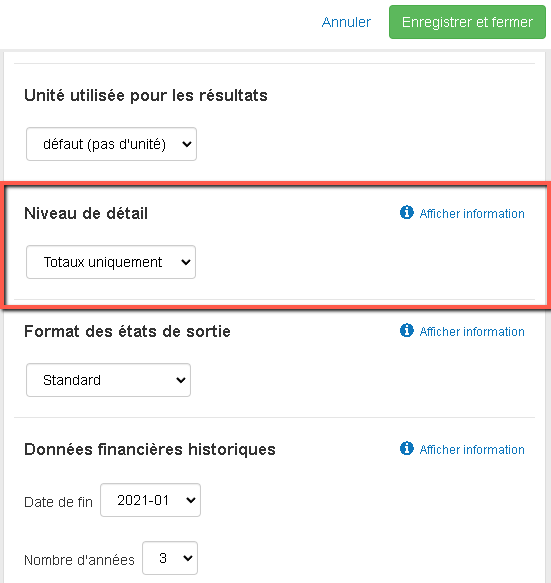 niveau de détail utilisé dans les états financiers