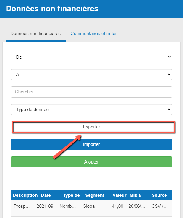 export de données non financières dans le logiciel de The Business Plan Shop