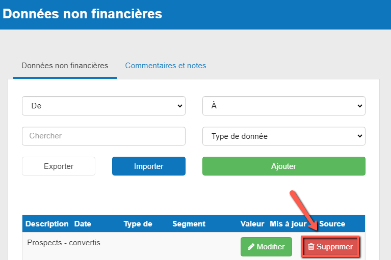 supprimer des données non financières dans le logiciel de The Business Plan Shop