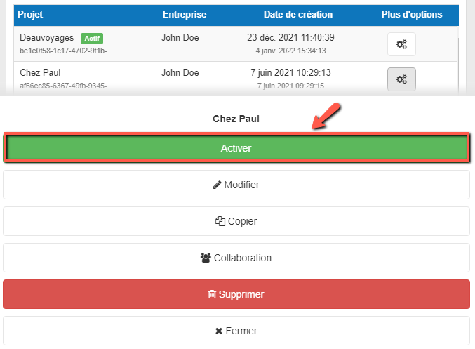 changer le projet actif sur mobile