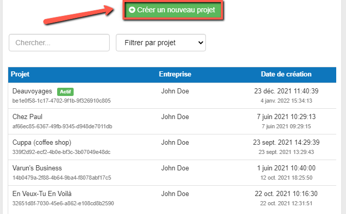 comment créer un nouveau projet dans The Business Plan Shop