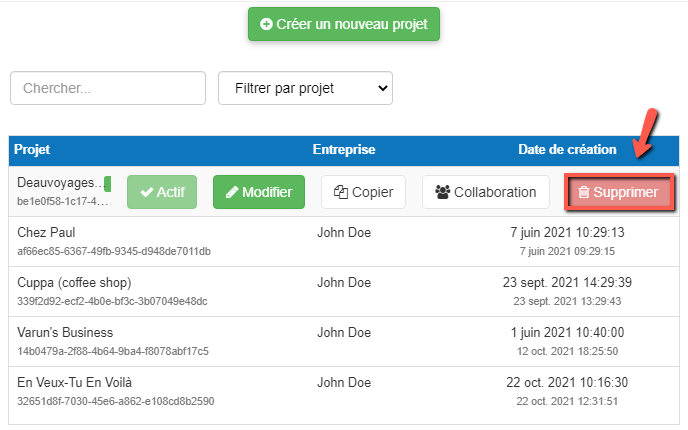 seul les projets inactifs peuvent être supprimés