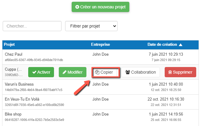 copier un projet dans The Business Plan Shop - sur ordinateur
