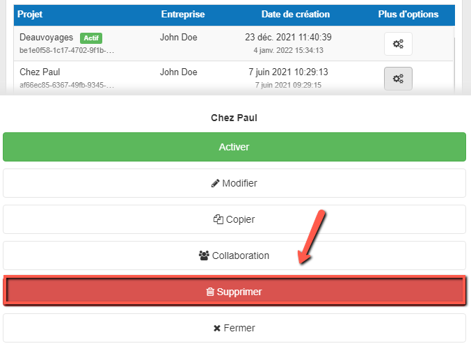 supprimer un projet sur mobile dans The Business Plan Shop