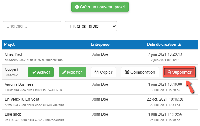 supprimer un projet sur ordinateur dans The Business Plan Shop