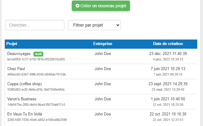 liste des projets dans The Business Plan Shop
