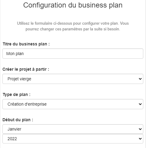 configuration d'un nouveau projet dans The Business Plan Shop
