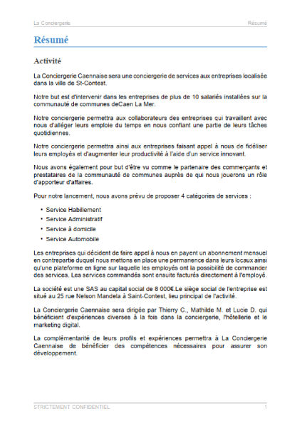 executive summary du modèle de business plan de conciergerie