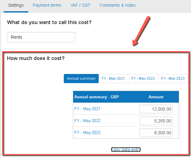  entering annual data for the rent fixed cost amount for three seperate years