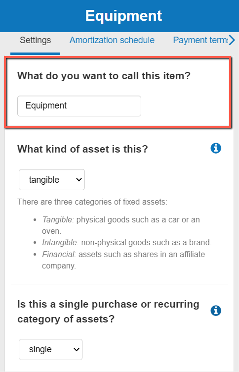  entering the name of the fixed asset