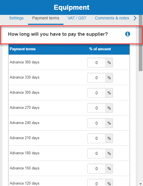  the payment terms agreed with suppliers in terms of advances, cash and credit