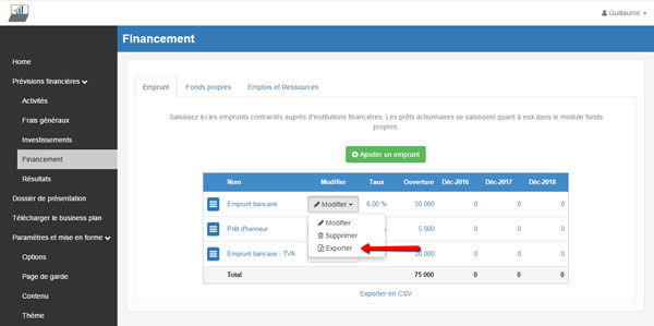 business plan Excel : exemple export