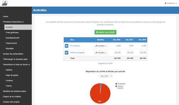 business plan xls : interface