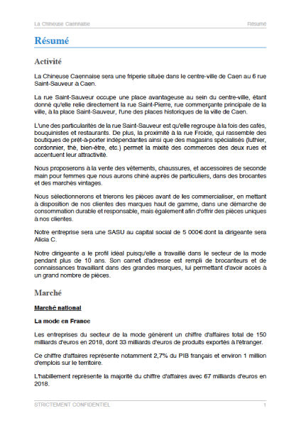 executive summary du modèle de business plan de friperie